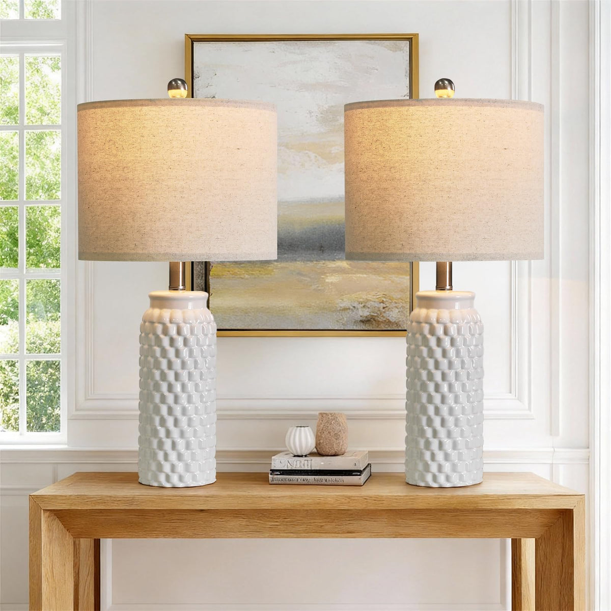 USumkky 20.5" Gold Modern Ceramic Bedside Lamp Set of 2 for Bedroom Decor Farmhouse Table Lamp for Living Room Office Dorm