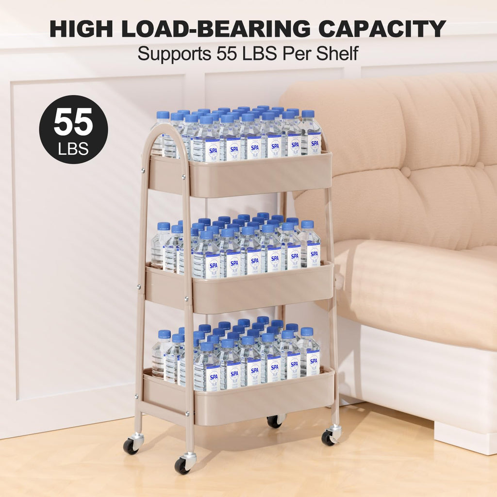 EAGMAK 3 Tier Rolling Cart, Large Metal Storage Cart with Handle and Lockable Wheels, Big Multifunctional Storage Organizer Trolley with Mesh Baskets for Kitchen, Living Room, Office, Garage (Beige)