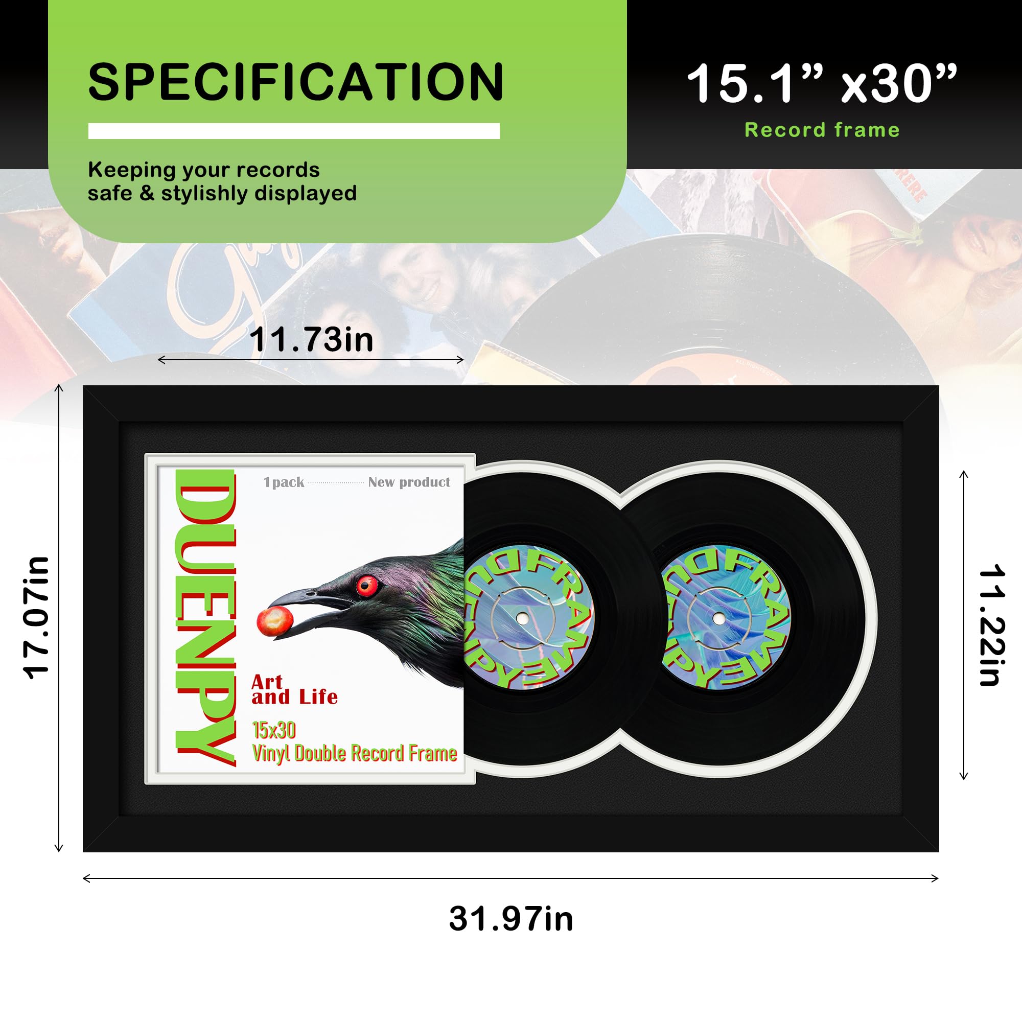DUENPY Vinyl Record Display Frame 16x22 Inches Display Record Album and 12.5x12.5 Album Cover Art（Black Bottom Mat） Wall Mount