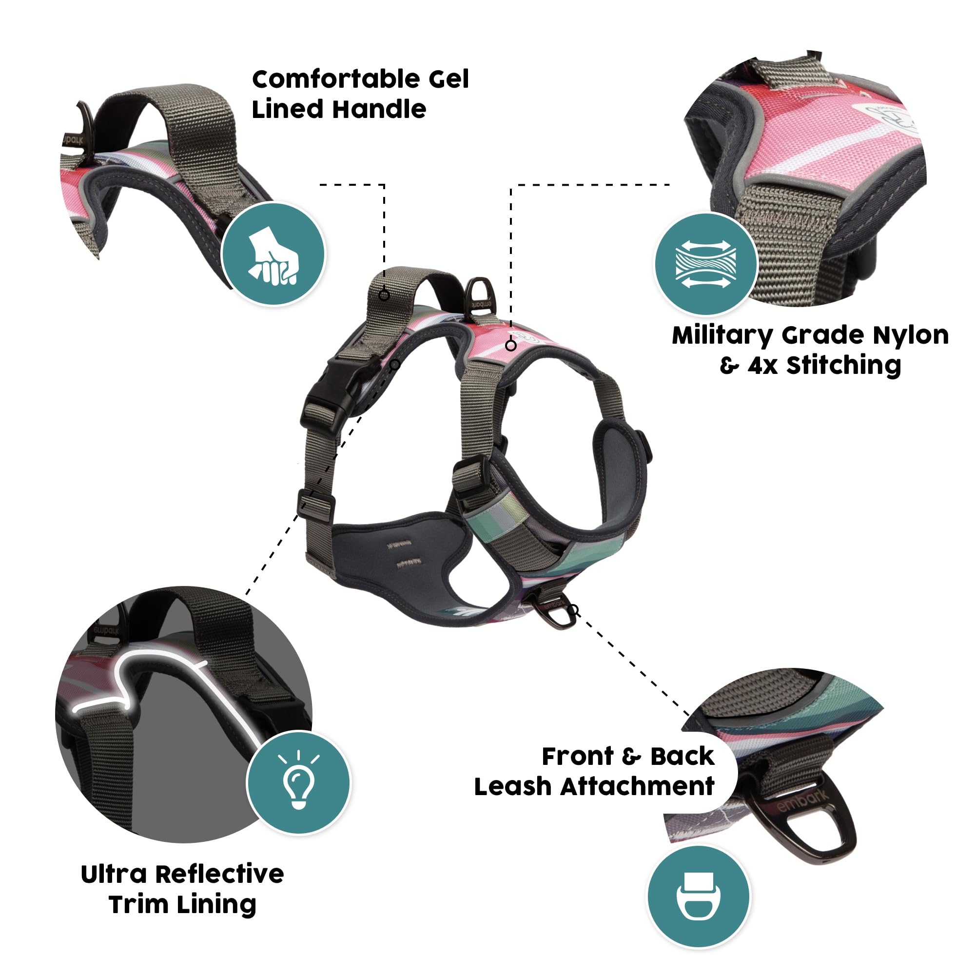 Embark Adventure Dog Harness for Small, Medium & Large Dogs – No Pull, Reflective Trim, Heavy Duty Oxford, 2 Leash Clips, Gel-Lined Handle, Soft Padded