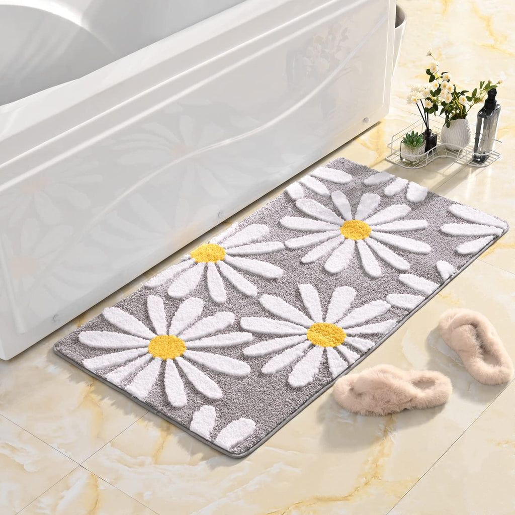 QJHOMO Beige Bathroom Rugs Cute Daisy Bath Mat White and Yellow Flower Decor Rug Non Slip Floor Carpet Microfiber Bathmat Super Absorbent Machine Washable Bathtub Mats for Shower (16x24 inch)