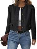 Cicy Bell Womens Cropped Tweed Blazer Collarless Button Down Bomber Jacket Business Casual Fall Outfits