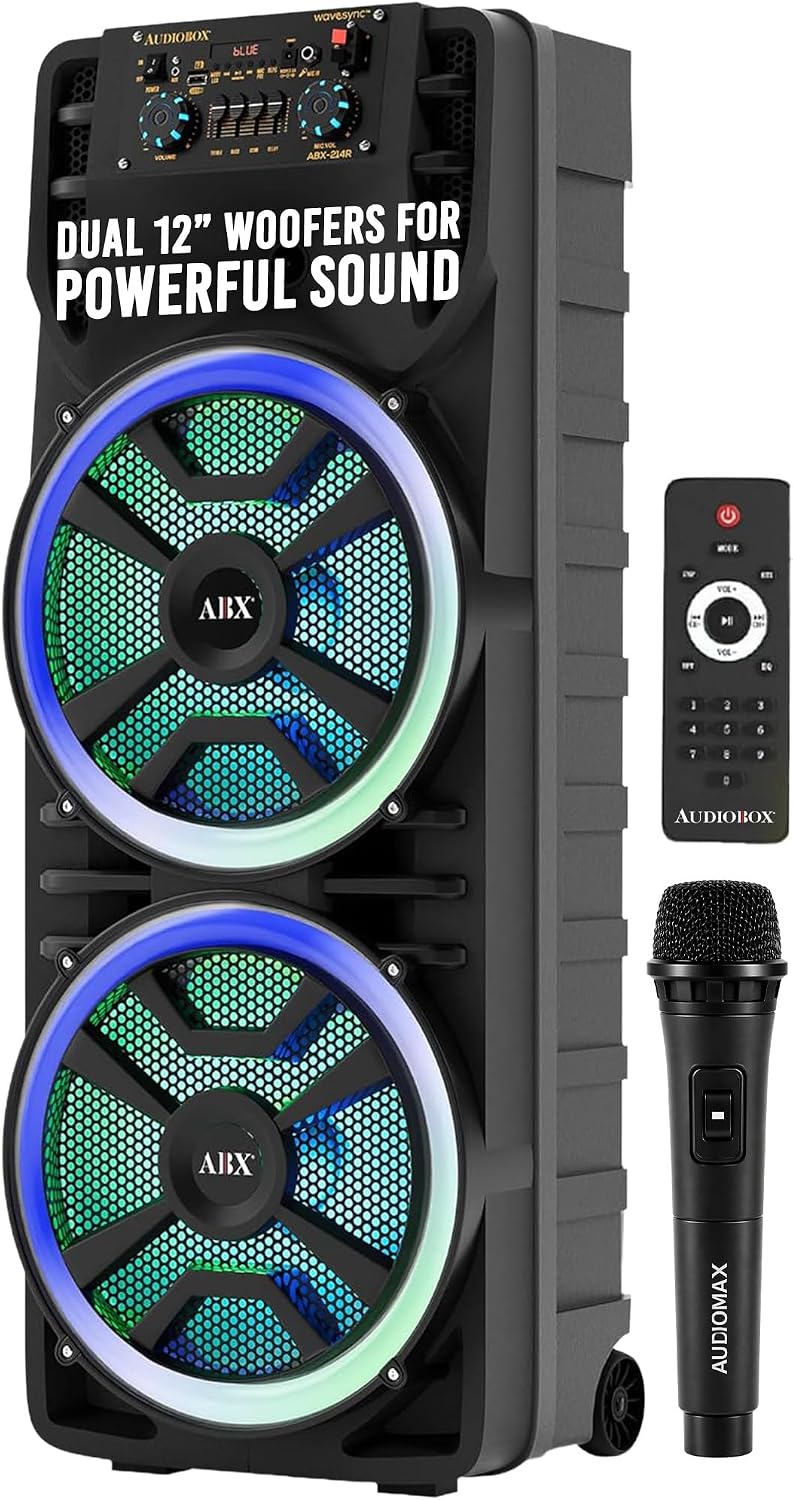Audiobox ABX-214R Portable Bluetooth Speaker Karaoke Machine - Dual 12" Woofers, RGB Party Lights, AUX, Lightweight with Loud Bass, Singing Machine with Bluetooth & Wireless Microphone - 37-Inch Tall