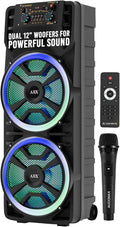 Audiobox ABX-214R Portable Bluetooth Speaker Karaoke Machine - Dual 12" Woofers, RGB Party Lights, AUX, Lightweight with Loud Bass, Singing Machine with Bluetooth & Wireless Microphone - 37-Inch Tall