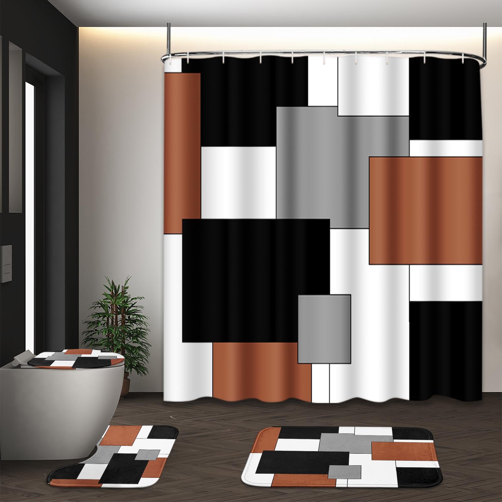 Beige Geometric Shower Curtain Set with Toilet Lid Cover and Non-Slip Rugs for Bathroom, Black Grey White Checkered 4 Pcs Shower Curtain, Modern Abstract Bathroom Set with 12 Hooks