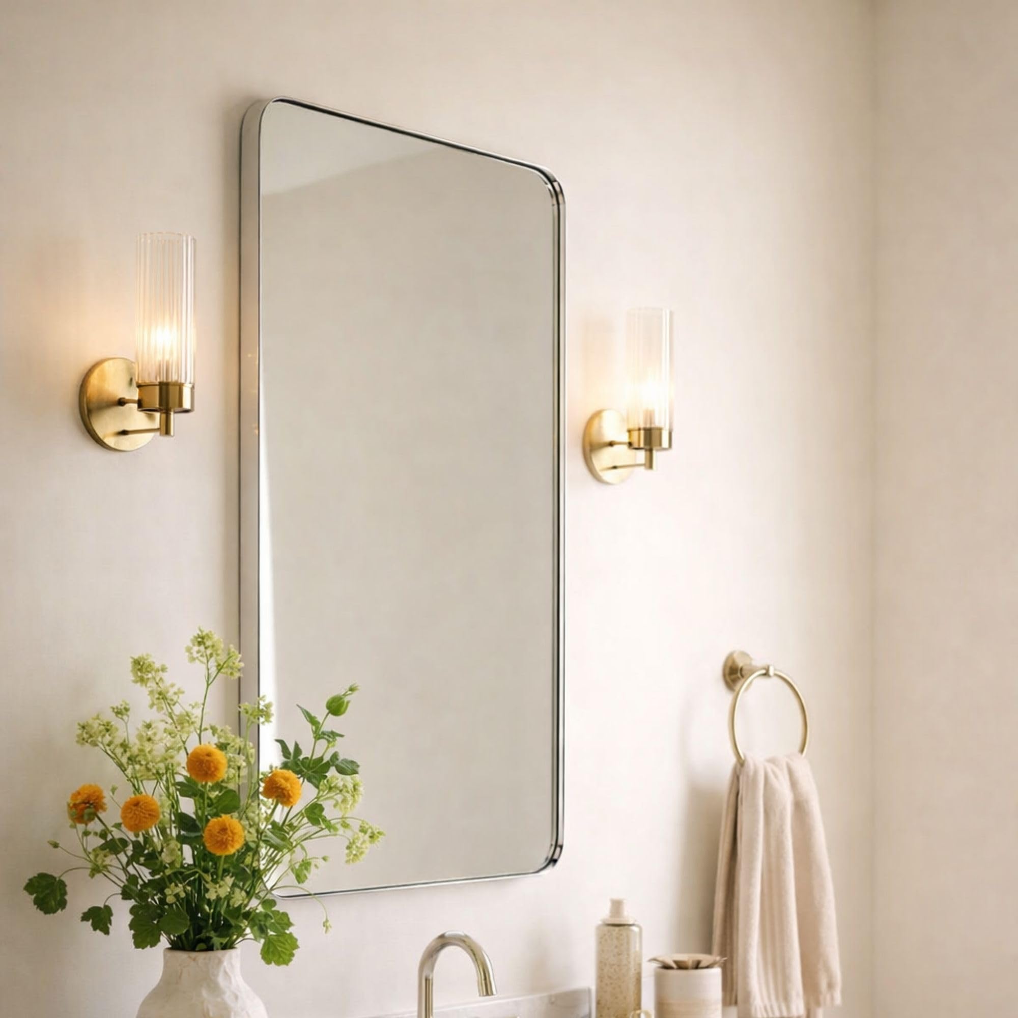 GRACTO 20x30 inch Brushed Nickel Stainless Steel Metal Framed Bathroom Mirror for Wall Mounted Rounded Rectangular Bathroom Vanity Mirror