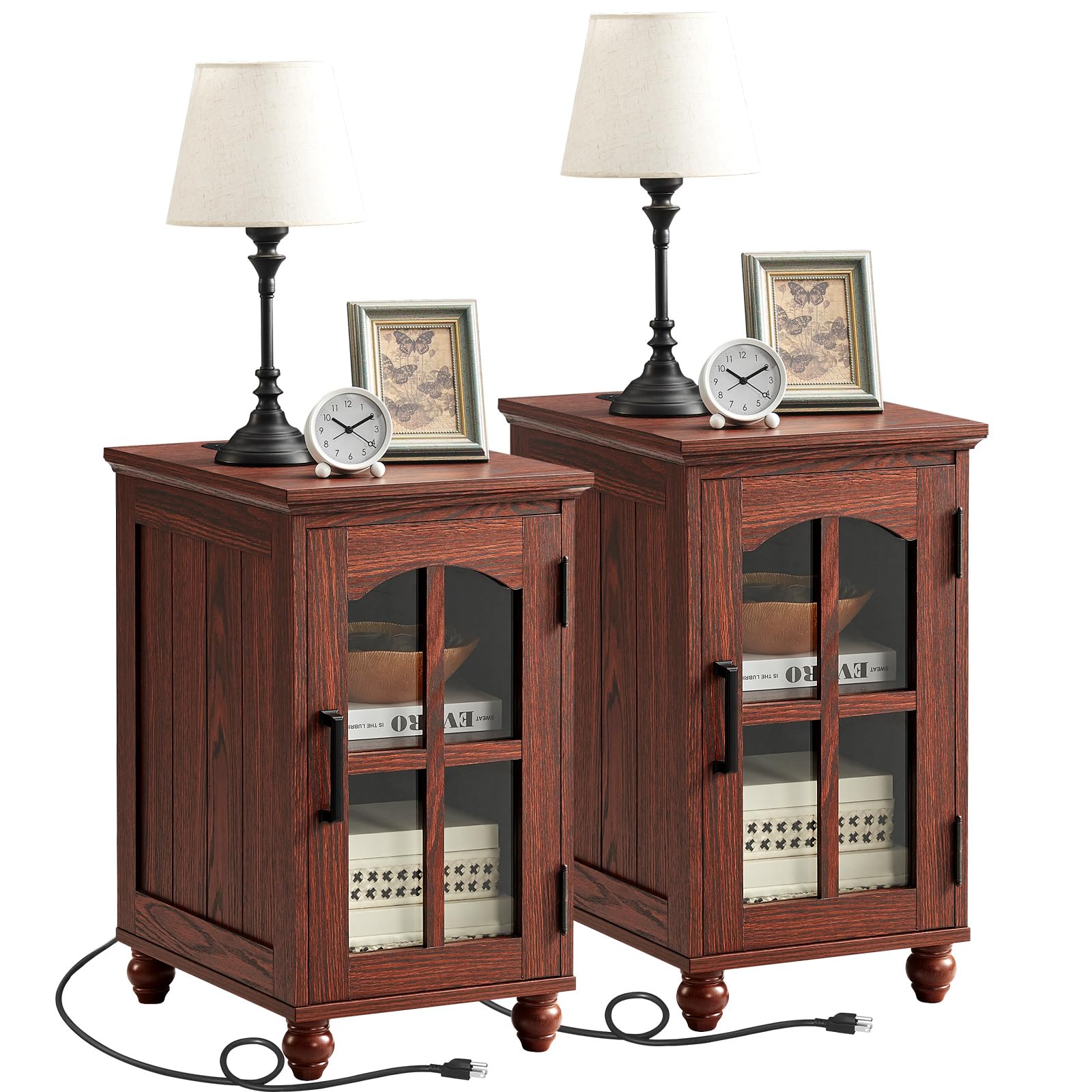 Narrow Side Table,Farmhouse Nightstand with Charging Station,Wood End Table with Glass Barn Door Storage, Cabinet Organizer with Adjustable Shelf, Night Stand for Small Spaces for Living Room Bedroom