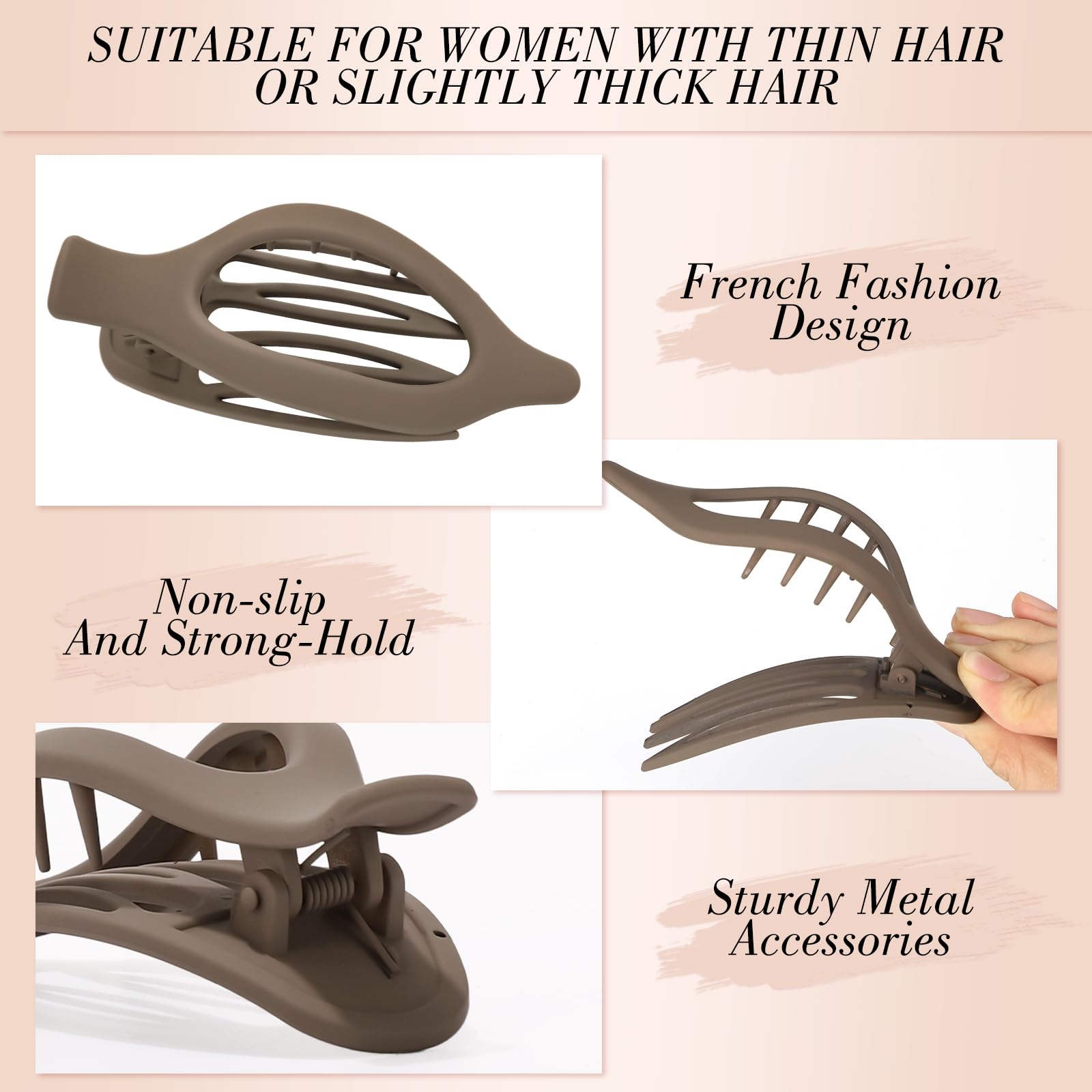 Obeoby 8 Pcs Flat Claw Clips for Women, Strong Hold French Flat Hair Clips for Thick Thin Hair Barrettes Accessories Round Large Medium (Tortoiseshell)