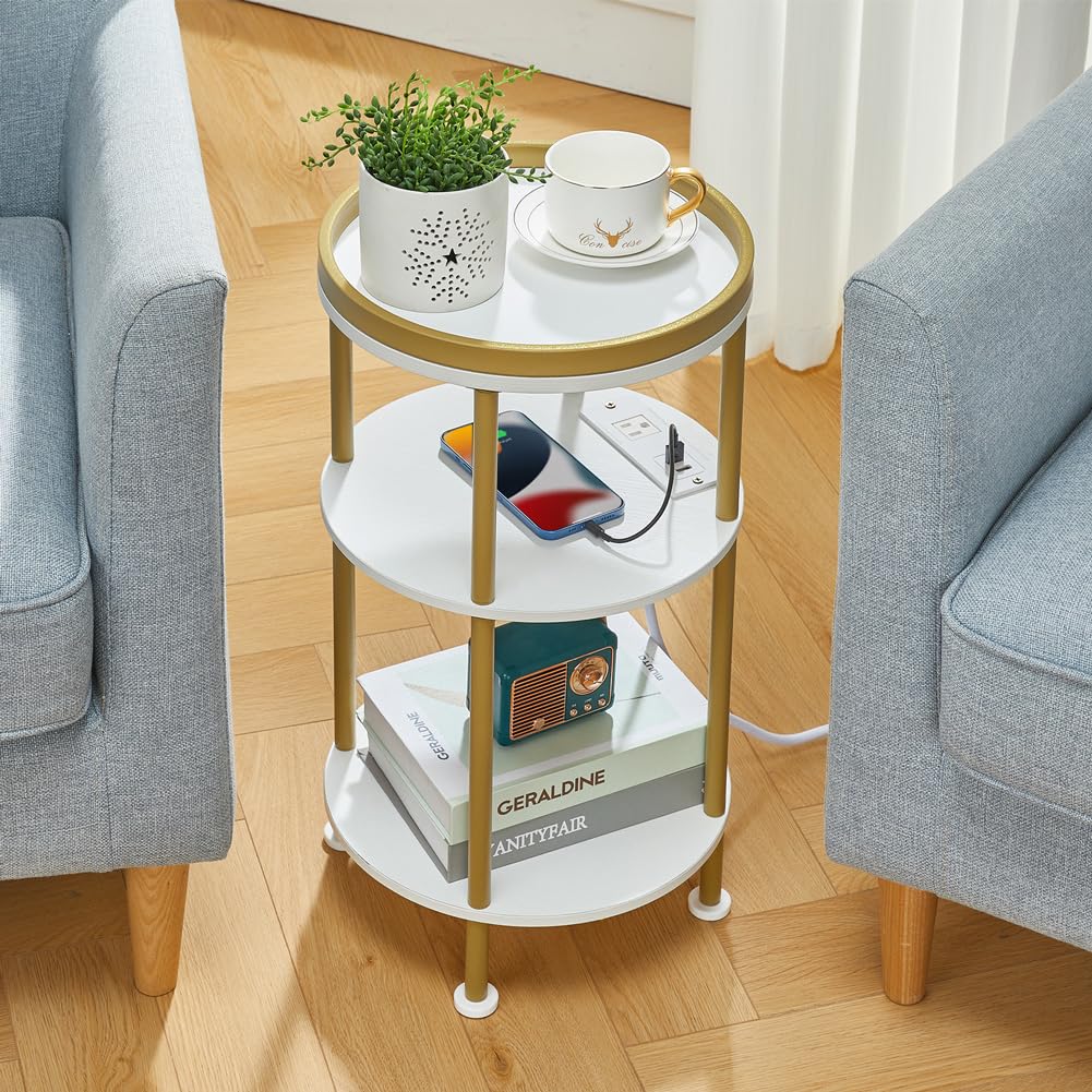 Small Round Side Table with Charging Station for Small Spaces, 3-Tier Accent Table with USB Ports & Power Outlets, Sofa Corner Tea Table for Living Room Nightstand Bedroom Apartment (Black)