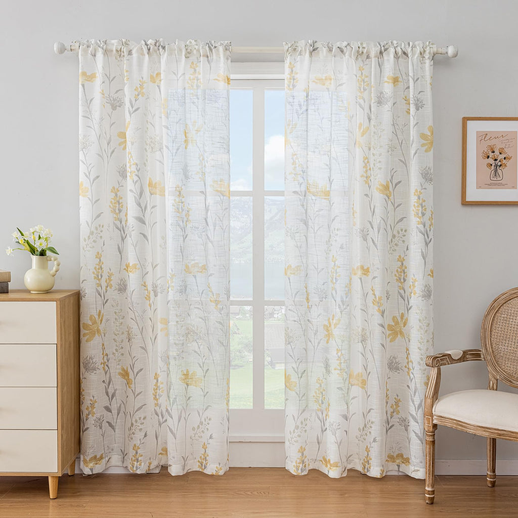 SUOUO Blue Leaf Semi Sheer White Curtains for Bedroom Dining Living Room Linen Textured 84 inches Long Rod Pocket Boho Window Drapes 2 Panels