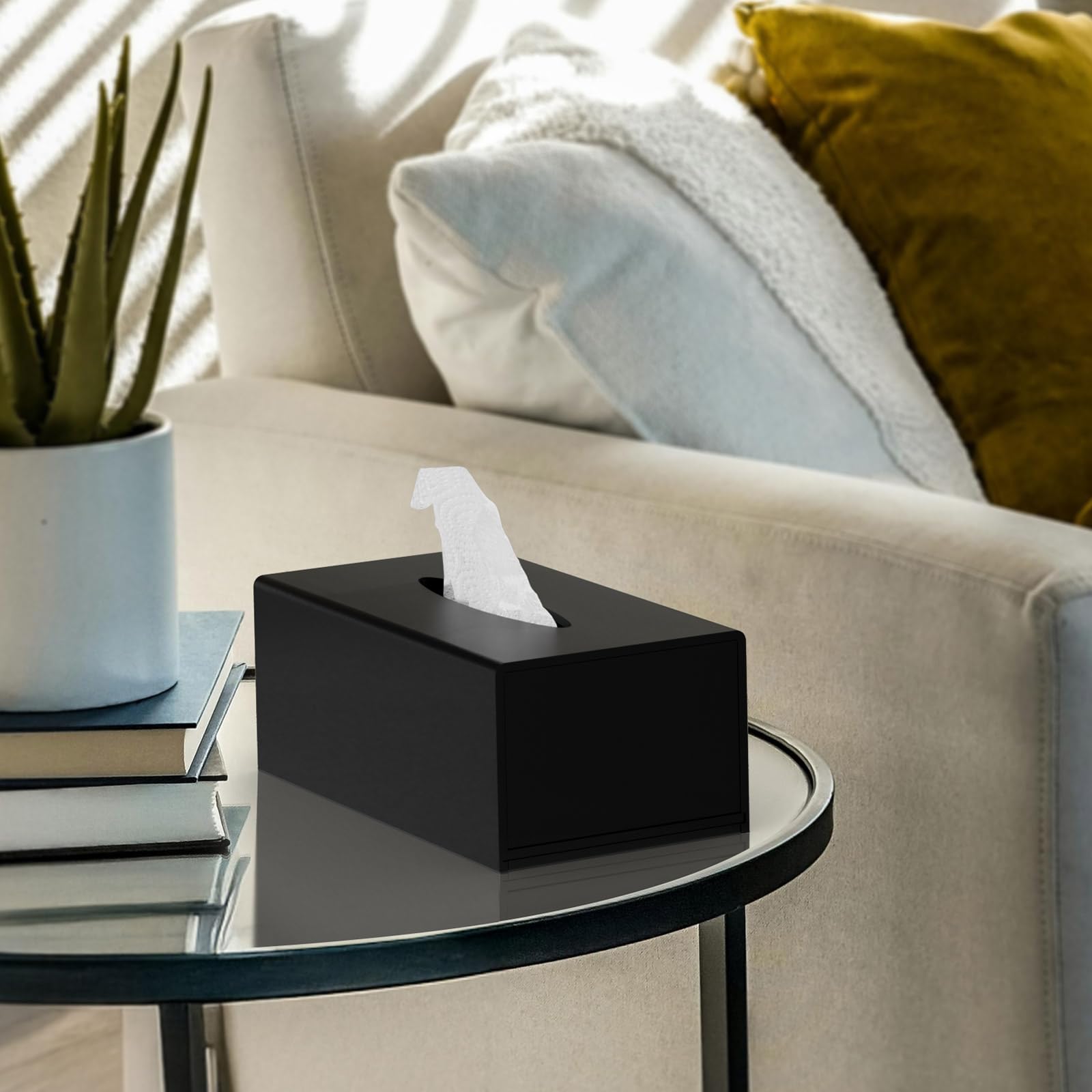 HIIMIEI Tissue Box Cover, Acrylic Tissue Holder Napkin Dispenser for Home Office Restaurant Desk Decor, Black Square 5.4x5.4x5.4''