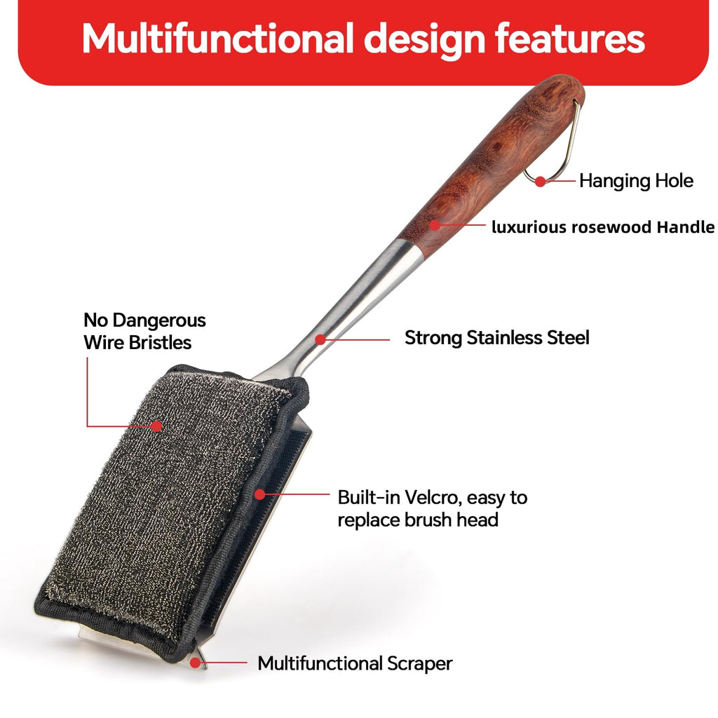Bristle-Free Steam Cleaning Grill Brush — Features an Extended Luxurious Rosewood Handle and a Unique Wavy pad that Seamlessly fits cast Iron and Stainless Steel grates