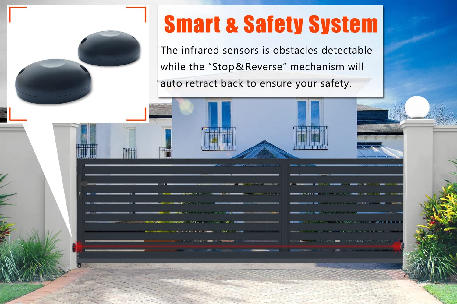 Blütezeit 1800lb Automatic Sliding Gate Opener, 370W Rack Drive Motor with 2 Remote Controls & IR Sensor, 1/2HP Electric Rolling Driveway Slide Gate Motor, Complete Hardware Kit for Gates up to 40ft