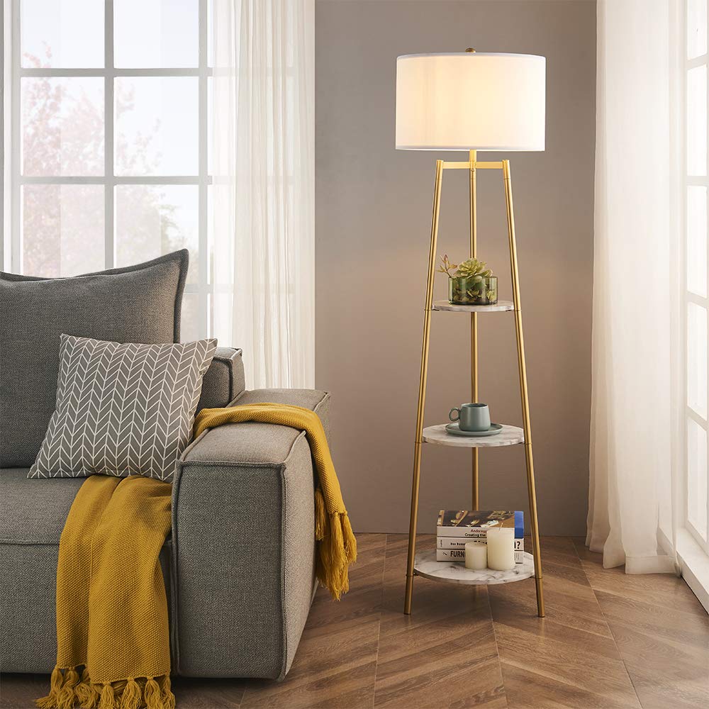 ROSEN GARDEN Floor Lamp, Standing Reading Light with Shelves and Fabric Shade, Modern Tall Pole Lamp, Accent Furniture Décor Lighting for Living Room, Bedrooms (Gold, 4-Tier)