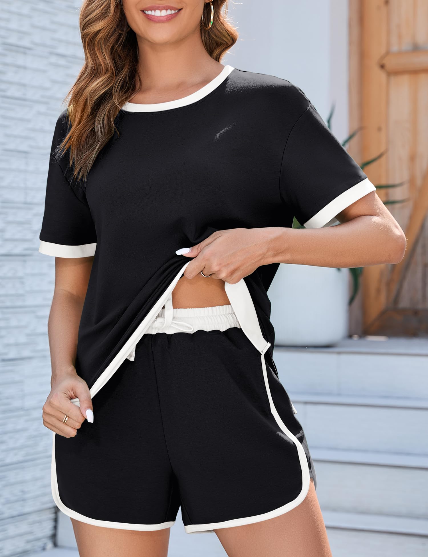 AKEWEI Shorts Sets Women 2 Piece Outfits Casual Short Sleeve Crewneck Tops and Drawstring Shorts Color Block Sets