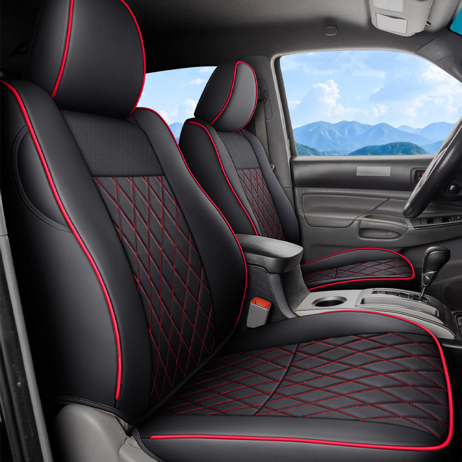 Coverado Tacoma Seat Covers, Car Seat Covers Front Seats, Leather Seat Covers for Cars Car Seat Protector Cushion Tacoma Accessories Custom Fit 2005-2023 Toyota Tacoma Double/Crew Cab(Black)