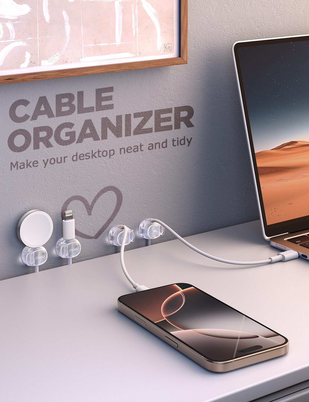Cable Clips - Chfeila Latest Dual Spring Cord Organizer with Clasp Lock, 6Pack [Max Stability] Desk Cable Management, Adhesive Phone Charging Wire Holder for Nightstand/Car/Wall, Office Accessory
