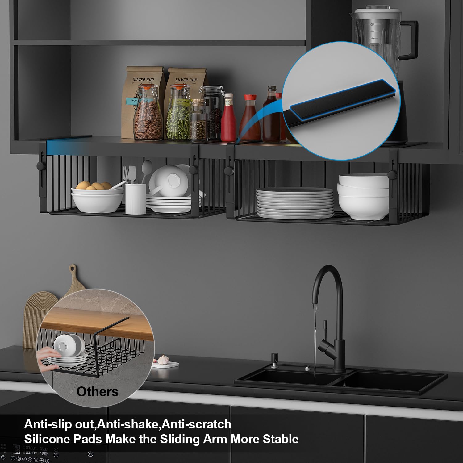 AmonHouseware 2Pack Under Shelf Basket Organizer,Adjustable Hanging Holder Storage for Cabinet Pantry Kitchen Cupboard Desk Counter Bookshelf Organization Add-on Space Saver Heavy Duty Slide-in,Black