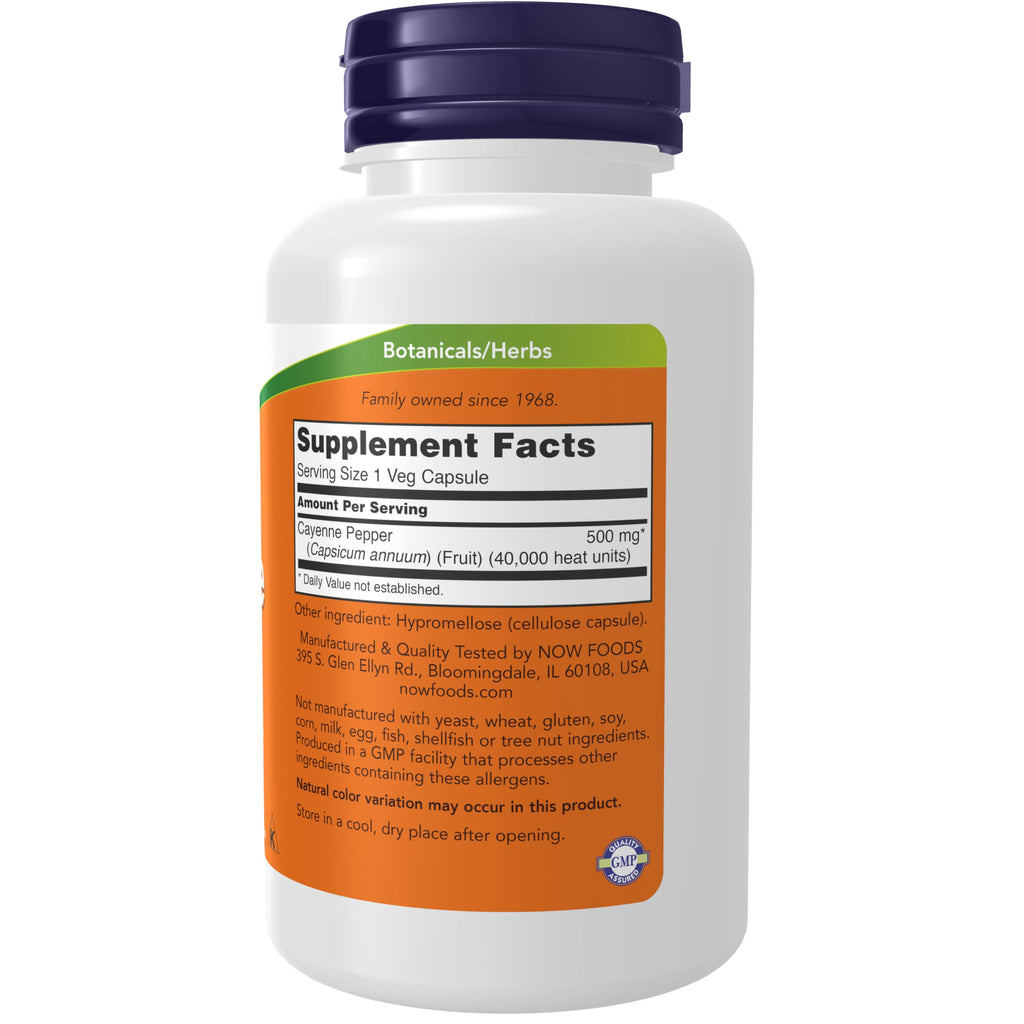 NOW Foods Supplements, Cayenne (Capsicum annuum) 500 mg, Herbal Support, 100 Veg Capsules
