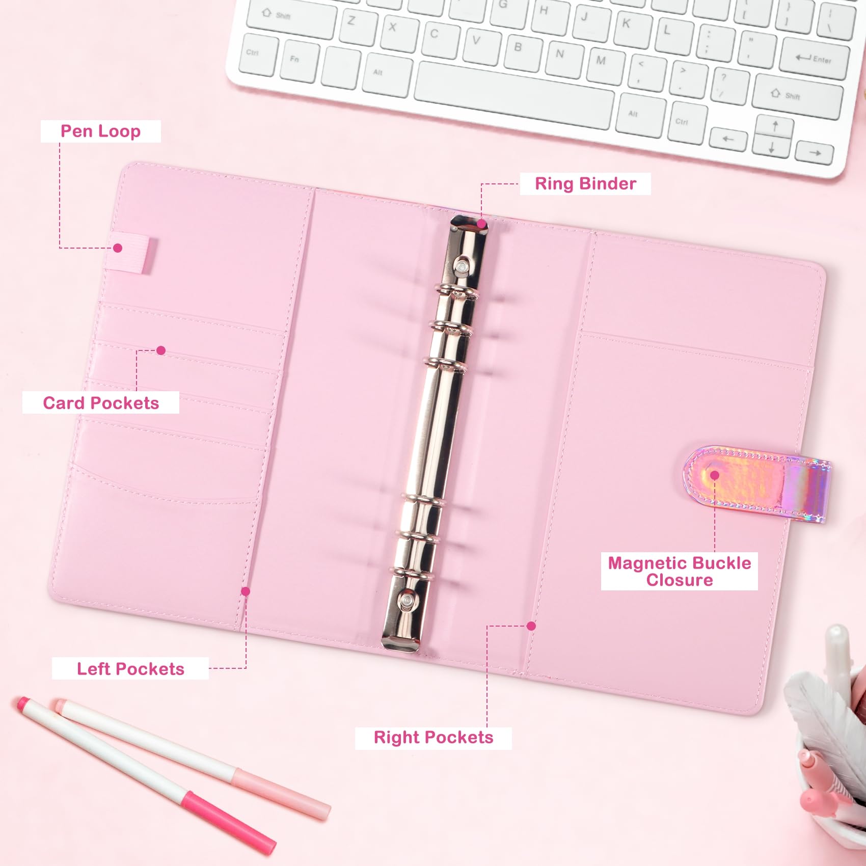 A5 Kpop Photocard Binder with 30 Pack 4-Pocket Card Pages, 6 Ring A5 Binder Card Collector Album with 240 Card Slots,PU Leather Binder Cover with Magnetic Buckle Closure for Organizing Trading Card