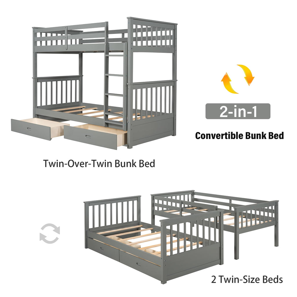 Merax Wood Bunk Bed with Two Drawers,Convertible Wood Bunk Bed with Ladders and Two Storage Drawers,Solid Wood Detachable Bed Frame with Ladders, Twin Over Full Size, Espresso