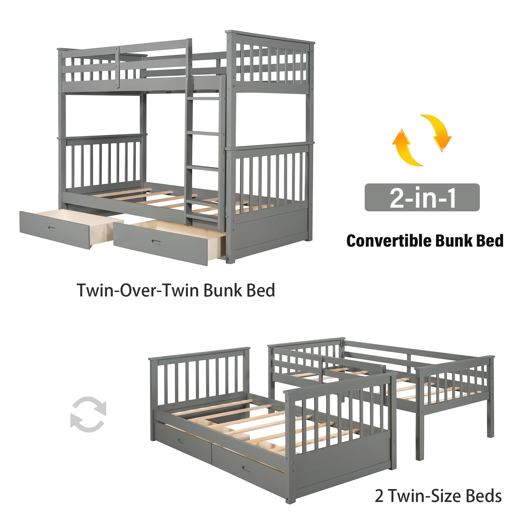 Merax Wood Bunk Bed with Two Drawers,Convertible Wood Bunk Bed with Ladders and Two Storage Drawers,Solid Wood Detachable Bed Frame with Ladders, Twin Over Full Size, Espresso