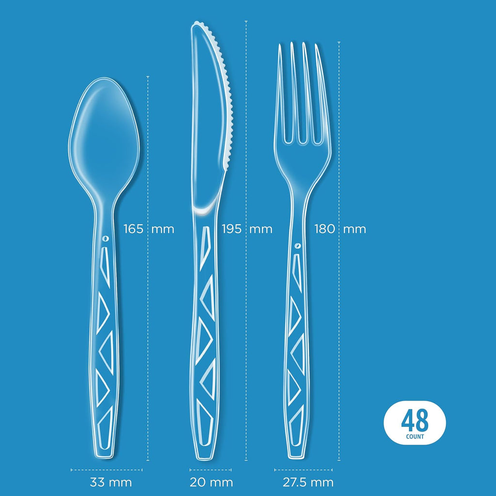 Amazon Basics Disposable Clear Plastic Cutlery, Premium Quality, BPA-Free, Sturdy, 48 Count Combo Pack: 16 Forks, 16 Spoons and 16 Knives