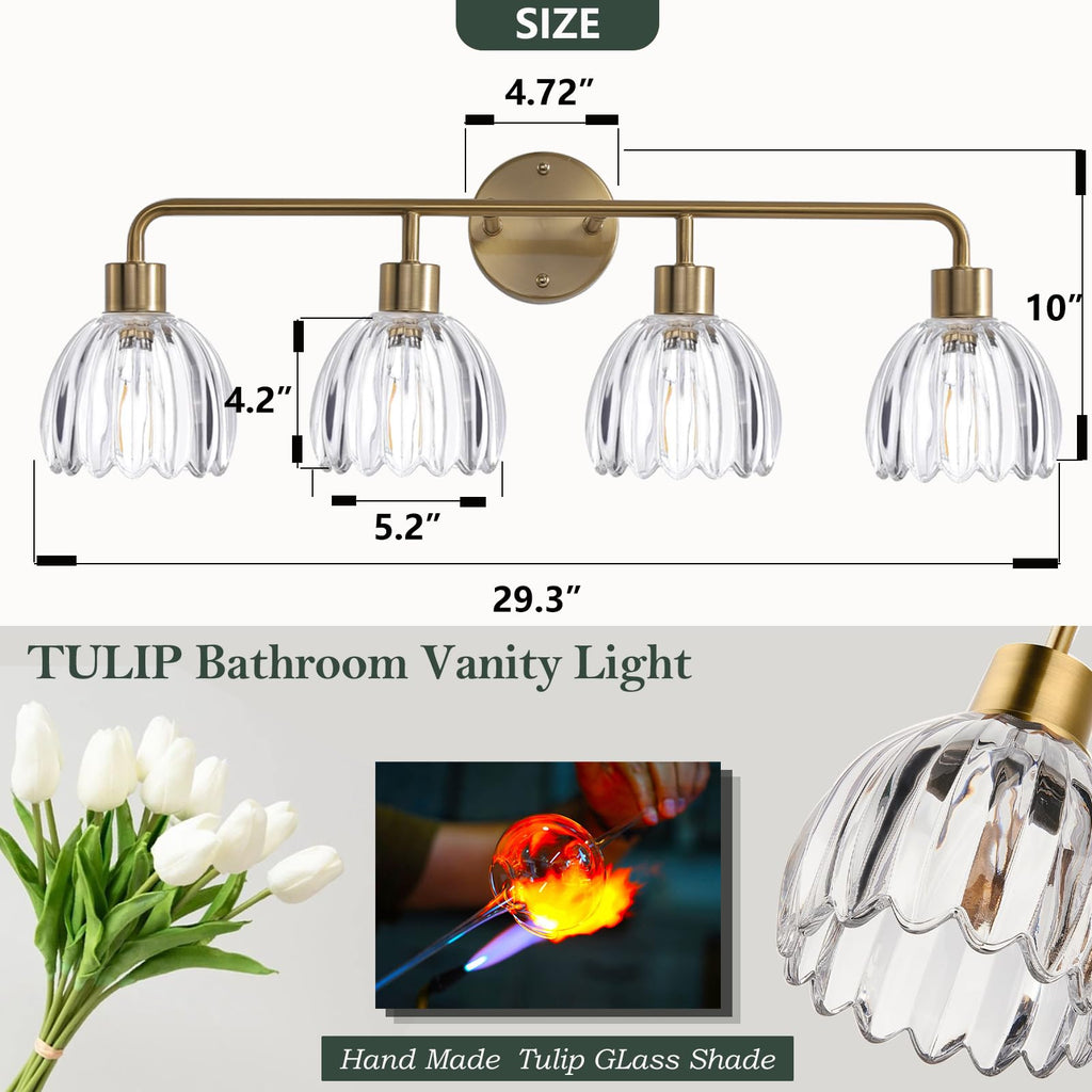1-Light Gold Brass Bathroom Light Fixture,Wall Sconces set of 2,Brushed Gold Vanlity Light Over Mirror,Bathroom Vanity Light with White Tulip Glass Flower Shade,E26 Socket(Bulbs Not Included)