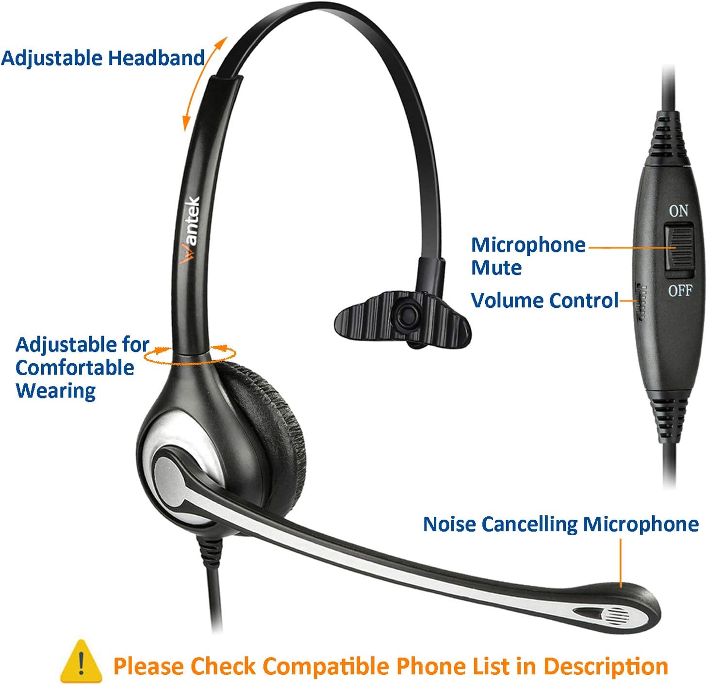 Wantek Corded Telephone Headset Mono w/Noise Canceling Mic for ShoreTel Plantronics Polycom Zultys Toshiba NEC Aspire Dterm Nortel Norstar Meridian Siemens ROLM Packet8 Landline Deskphones(F600S2)