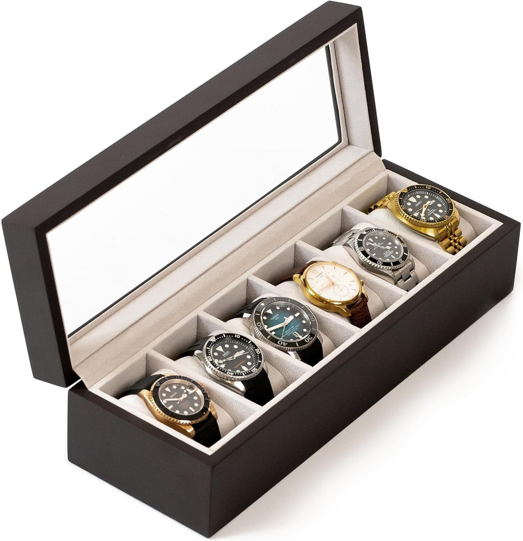 CASE ELEGANCE 6-Slot Solid Wood Watch Box for Men — Real Glass Display Top, Magnetic Closure & Pillow Stands | Watch Organizer Display Case | Gift for Him | Espresso