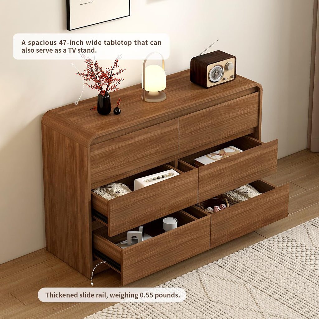 Messenya Modern 6 Drawer Dresser, 47-Inch Wood Chest of Drawers, Curved Anti-Collision Design, Mid-Century Storage Cabinet, Pre-Embedded Slots, for Bedroom, Living Room, TV Stand, Nursery