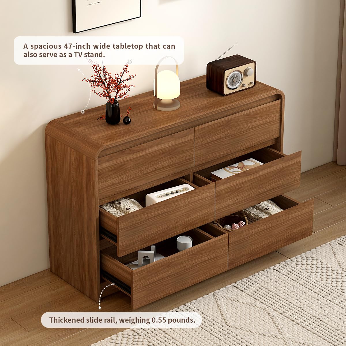 Messenya Modern 6 Drawer Dresser, 47-Inch Wood Chest of Drawers, Curved Anti-Collision Design, Mid-Century Storage Cabinet, Pre-Embedded Slots, for Bedroom, Living Room, TV Stand, Nursery