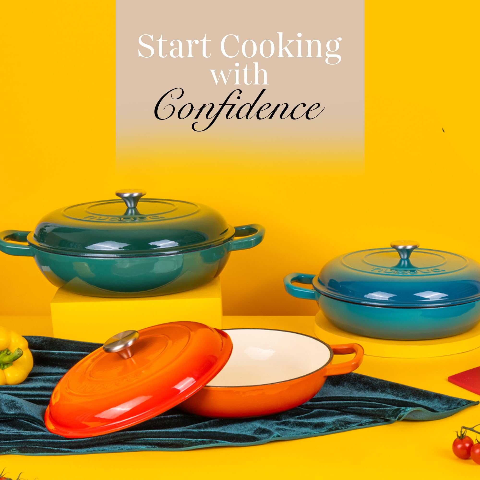 Shallow Cast Iron Casserole with Lid – Non Stick Dutch Oven Pot, Oven Safe up to 500° F – Sturdy Ovenproof Stockpot Cookware – Enamelled Cooking Pot – Black, 5-Quart, 32cm – by Nuovva