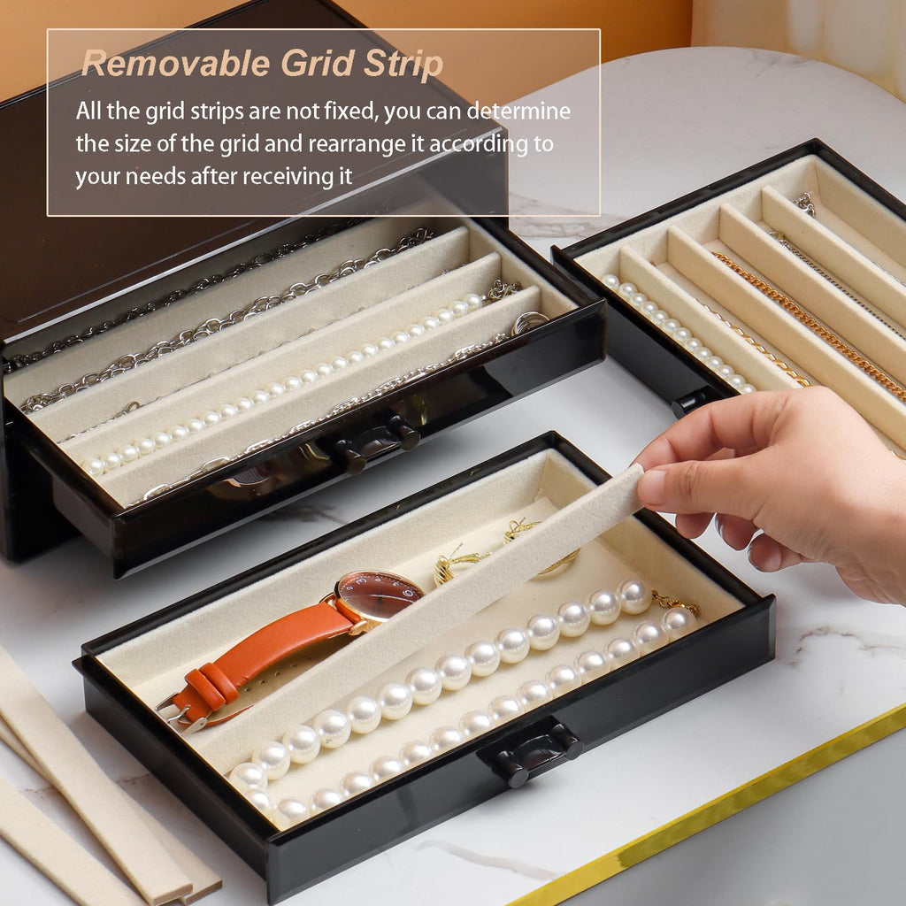 YUFONG Necklace Holder Organizer, Dustproof Necklace Box Velvet Necklace Organizer Box with Lid Clear Acrylic Dustproof Stackable Jewelry Displays for Necklaces Chain Display (Beige, 3 Drawer)