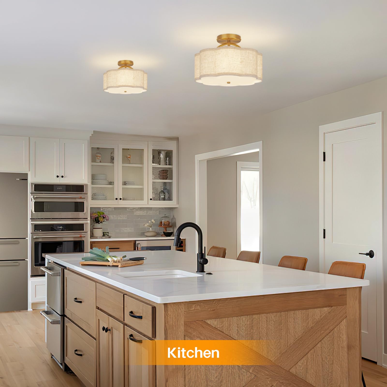 CALOKES Semi Flush Mount Ceiling Light, 11.8" Modern 3-Light Fixture with Petal-Shaped Cream White Fabric Shade and Golden Support Arm, Ideal for Bedroom, Kitchen, Living Room, Hallway, and Entryway