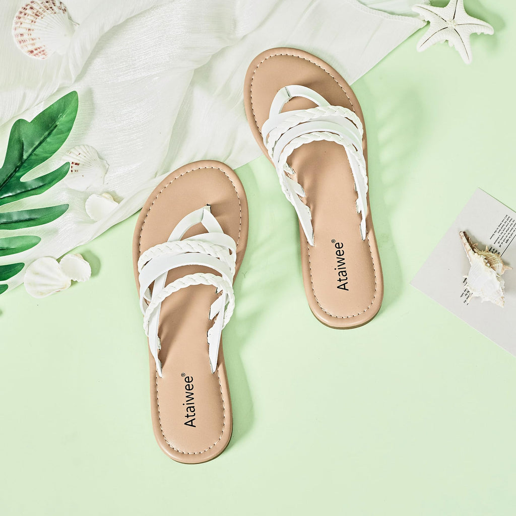 Ataiwee Women's Casual Flat Slide Sandals - Dressy Comfortable Criss Cross Strappy Summer Sandals,Open Toe Multi Strap Beach Flat Thong Sandals.