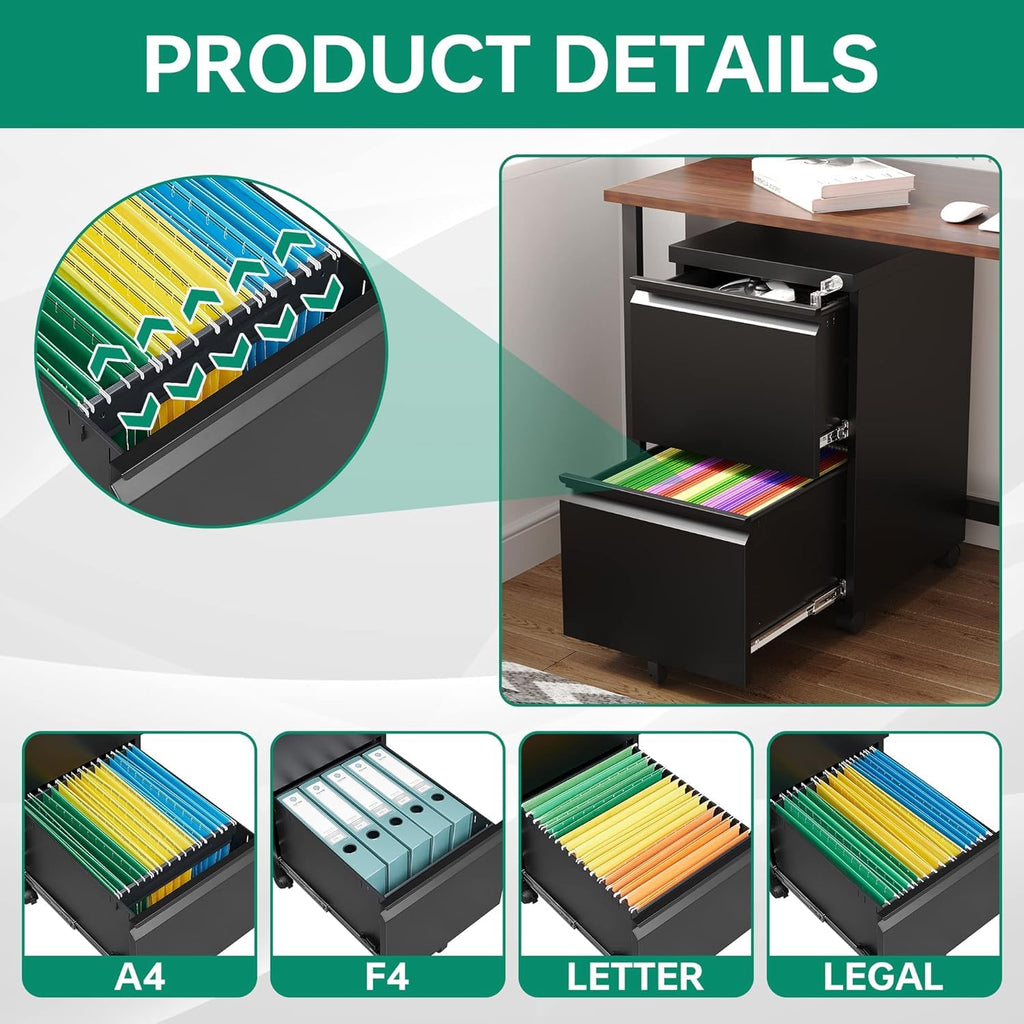 Letaya 3 Drawer Mobile File Cabinet with Lock,Under Desk Metal Small Filing Cabinets for Home Office Organizer Letters/Legal/A4(Fully Assembled Except Wheels-Black)