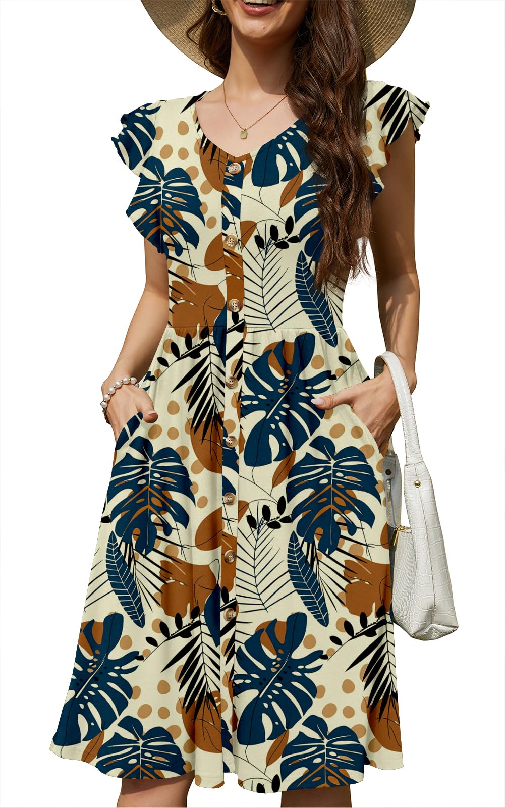 Lamilus Women's Casual Summer Dresses 2026 Ruffle Sleeves V-Neck Button Down Midi Swing Party Dress with Pockets