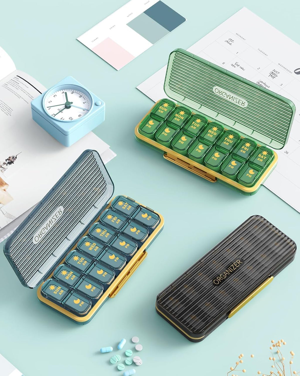 Pill Organizer 2 Times A Day, 7 Day Am Pm Pill Box - Acedada Weekly Pill Organizer Twice A Day, Portable Removable Daily Medicine Container Dispenser Case for Vitamin Fish Oil Supplement, Black Grey