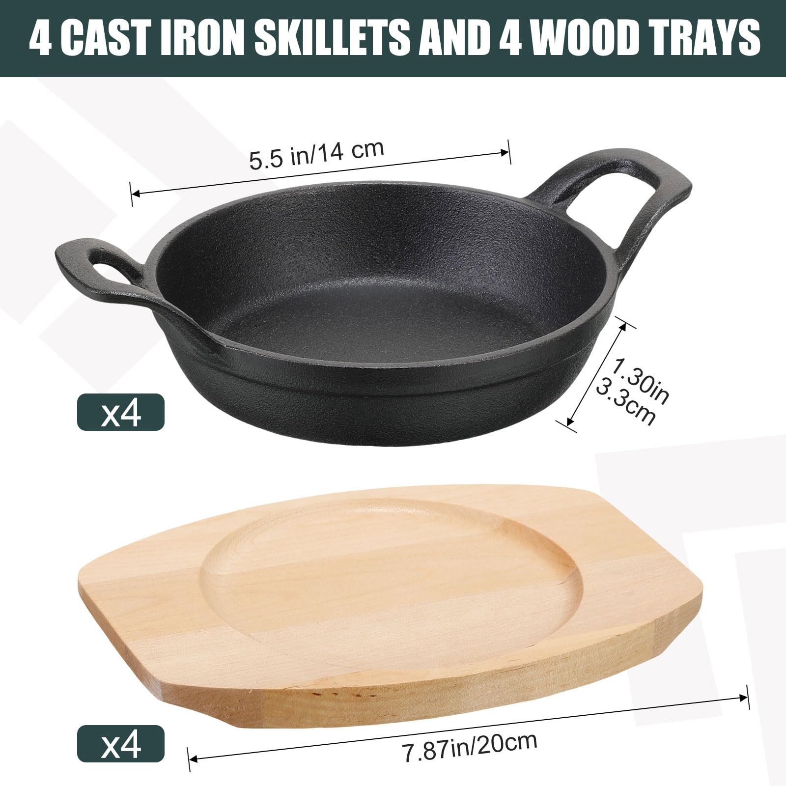 Sliner 4 Sets Mini Cast Iron Skillet Small Cast Iron Plates Skillet with Wooden Base Small Round Pan Fajita Plate Pot for Baking Cooking(3.9 Inch)