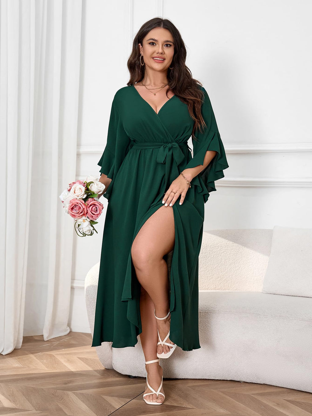 Womens Plus Size Dress Wedding Guest Cocktail Ruffle Half Sleeve Wrap V Neck Slit A Line Maxi Dresses with Belt