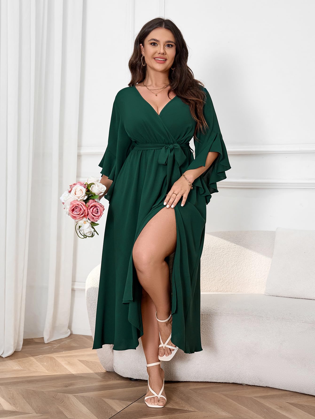 Womens Plus Size Dress Wedding Guest Cocktail Ruffle Half Sleeve Wrap V Neck Slit A Line Maxi Dresses with Belt