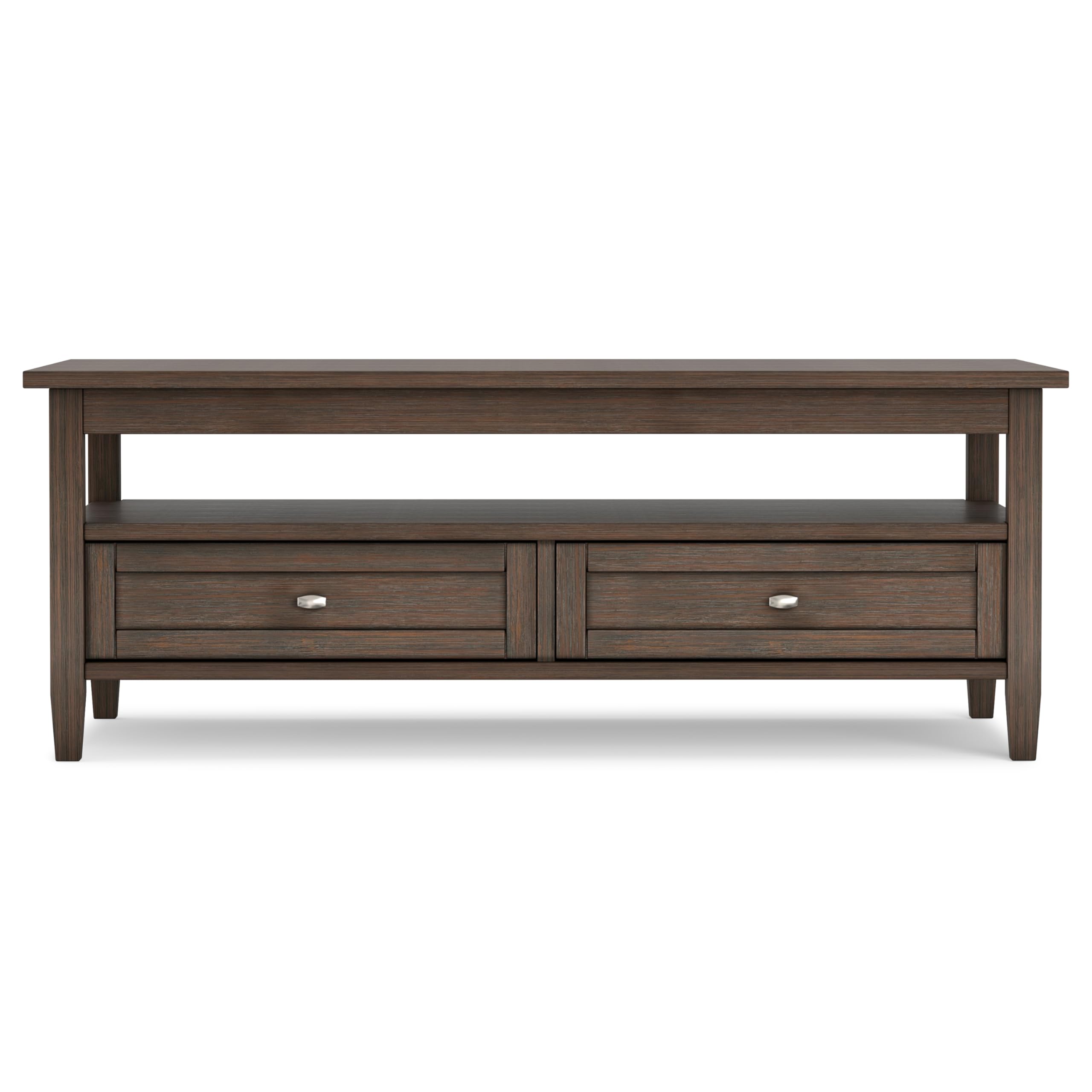 SIMPLIHOME Warm Shaker Coffee Table - 48 inch Wide Solid Wood Coffee Table in Black, Transitional Living Room Table with 2 Drawers, Open Shelf, Shaker Fronts and Tapered Legs