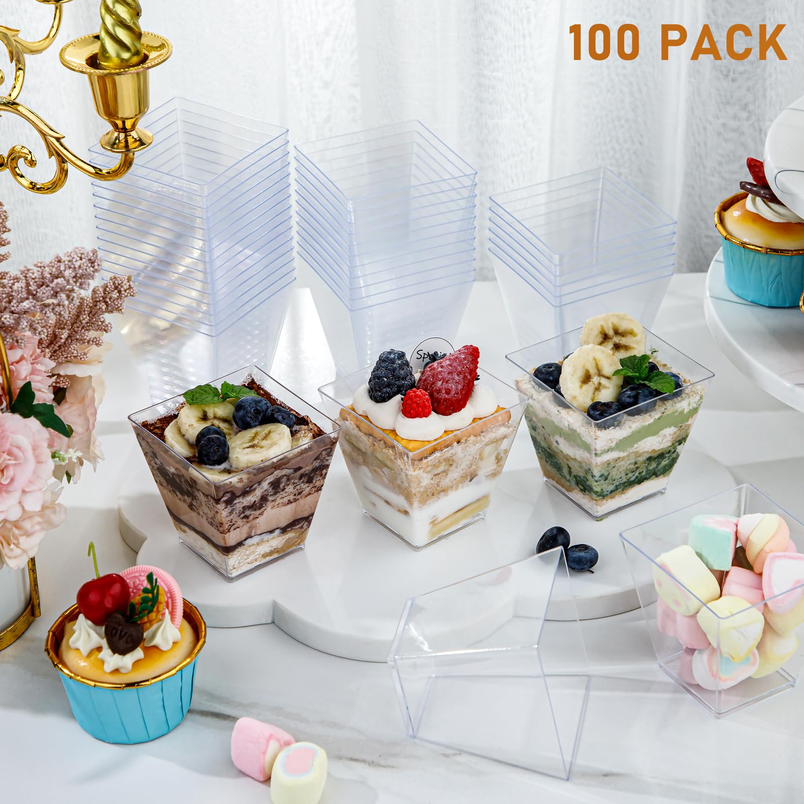 supernal 2oz Square Plastic Mini Dessert Cups with Gold Spoons,Parfait Appetizer Cup,100pcs Cups,100pcs Gold Spoons,Perfect for Birthday,Party,Wedding