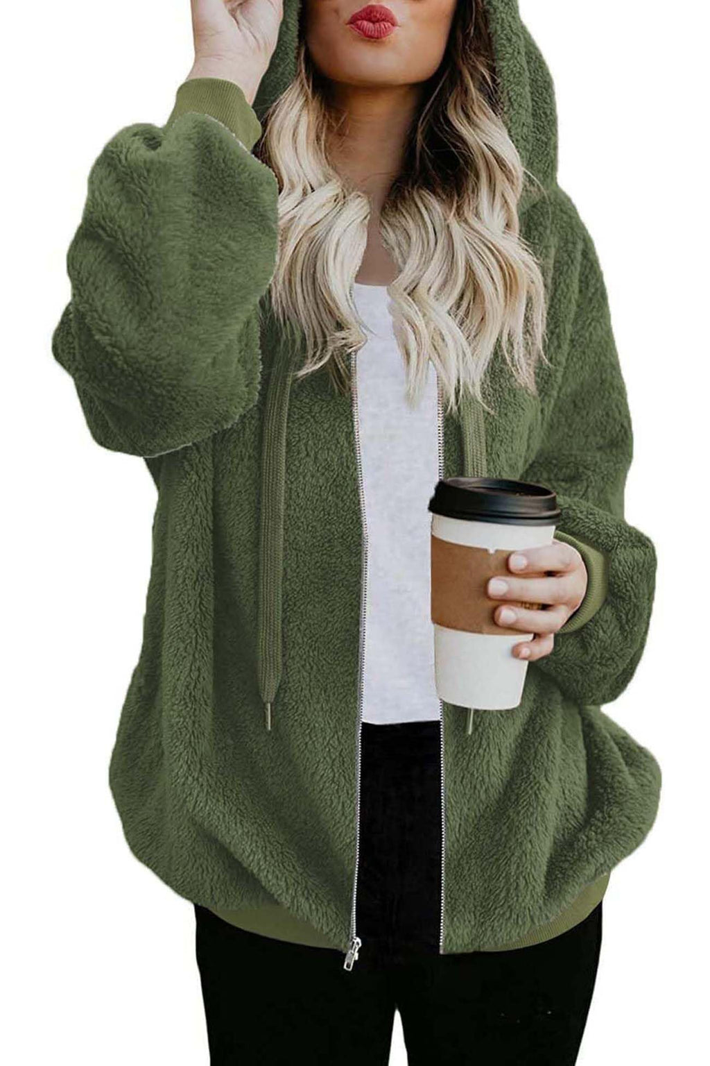 ReachMe Womens Oversized Sherpa Jacket Fuzzy Fleece Zip Up Hoodies with Pockets Warm Fall Outfits Winter Coats