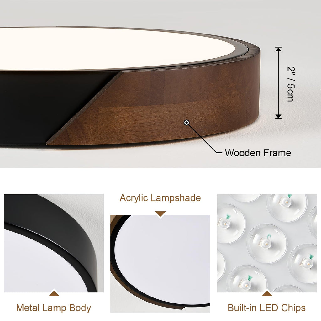 Modern LED Ceiling Light, Minimalist Wood Dimmable Flush Mount Ceiling Light Fixture, Round 5CCT Lighting Lamp with Acrylic Lampshade for Bedroom Hallway Kitchen Laundry, Black 11.8"