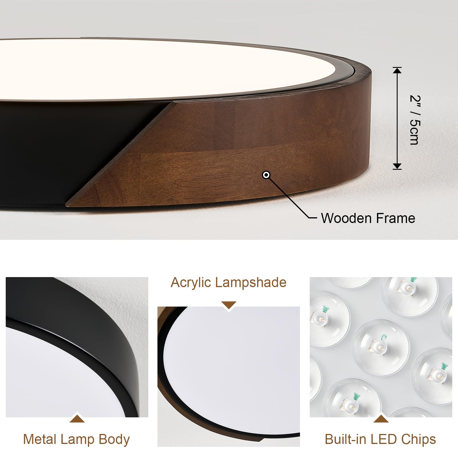 Modern LED Ceiling Light, Minimalist Wood Dimmable Flush Mount Ceiling Light Fixture, Round 5CCT Lighting Lamp with Acrylic Lampshade for Bedroom Hallway Kitchen Laundry, Black 11.8"