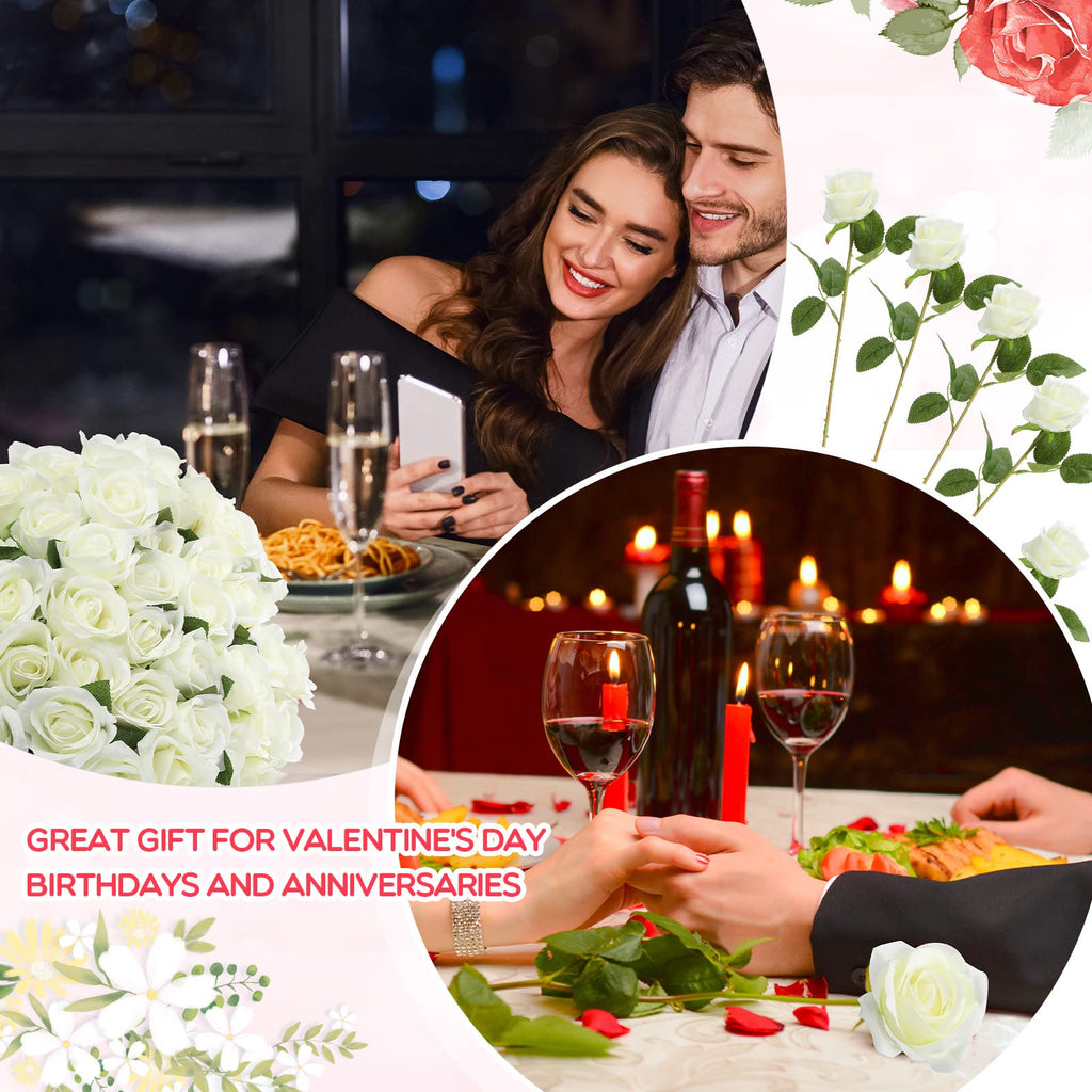 Jexine 100 Pieces Artificial Roses Flowers Bulk, Long Stem Realistic Fake Silk Roses Bouquet for Table Centerpiece Vases Wedding Party Kitchen Decor(Beige)