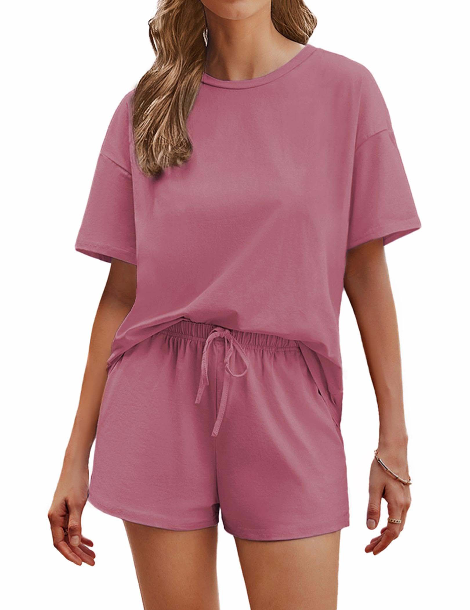 Ekouaer Cotton Pajamas Set for Womens Soft Short Sleeve Lounge Set Shorts Sleepwear Set 2 Piece Pjs Sets