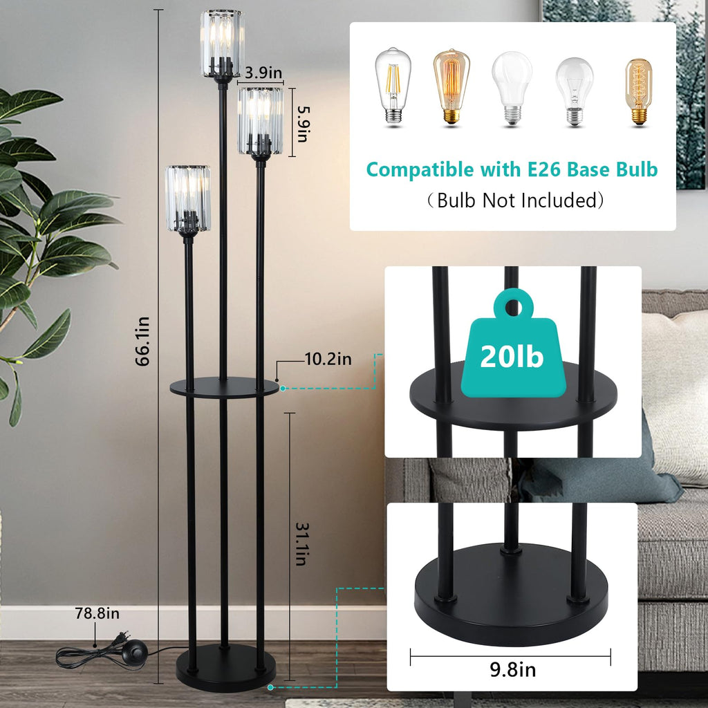 HMVPL Gold Floor Lamps for Living Room, Modern Floor Lamp with Shelves, Crystal Standing Lamps with Table, Brass Tall Lamp with Crystal Shade, On/Off Switch, Mid Century Corner Floor Lamp for Bedroom